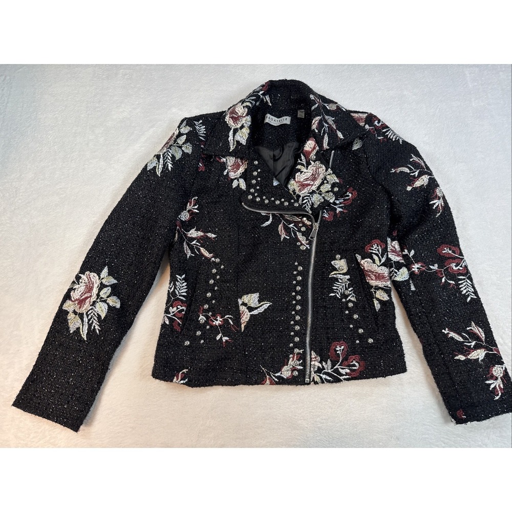 Bagatelle Black Shag Shimmer Embroidered Roses Studded Jacket Blazer XS